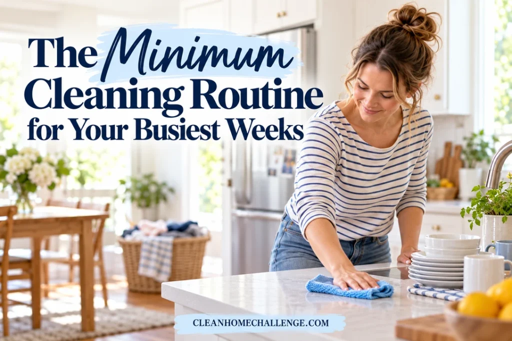 Woman in a striped shirt wiping a small kitchen counter area with a blue cloth beside washed dishes.