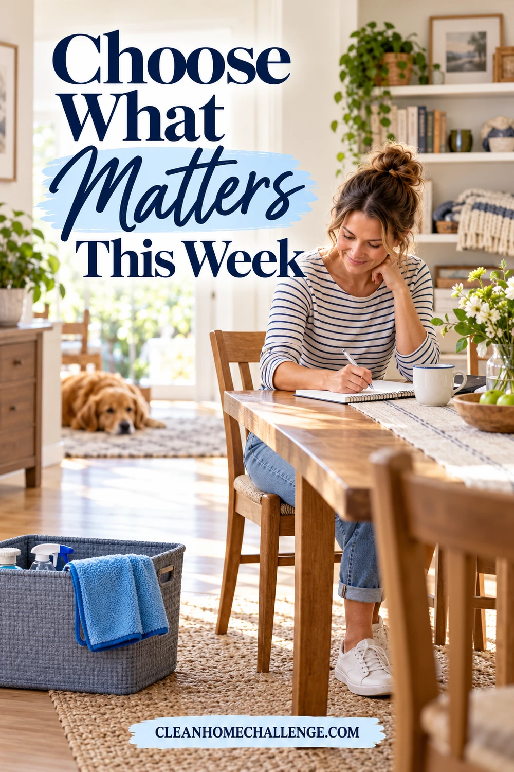 Woman in a striped shirt writing in a notebook at a dining table, with a blue cloth and cleaning basket nearby.