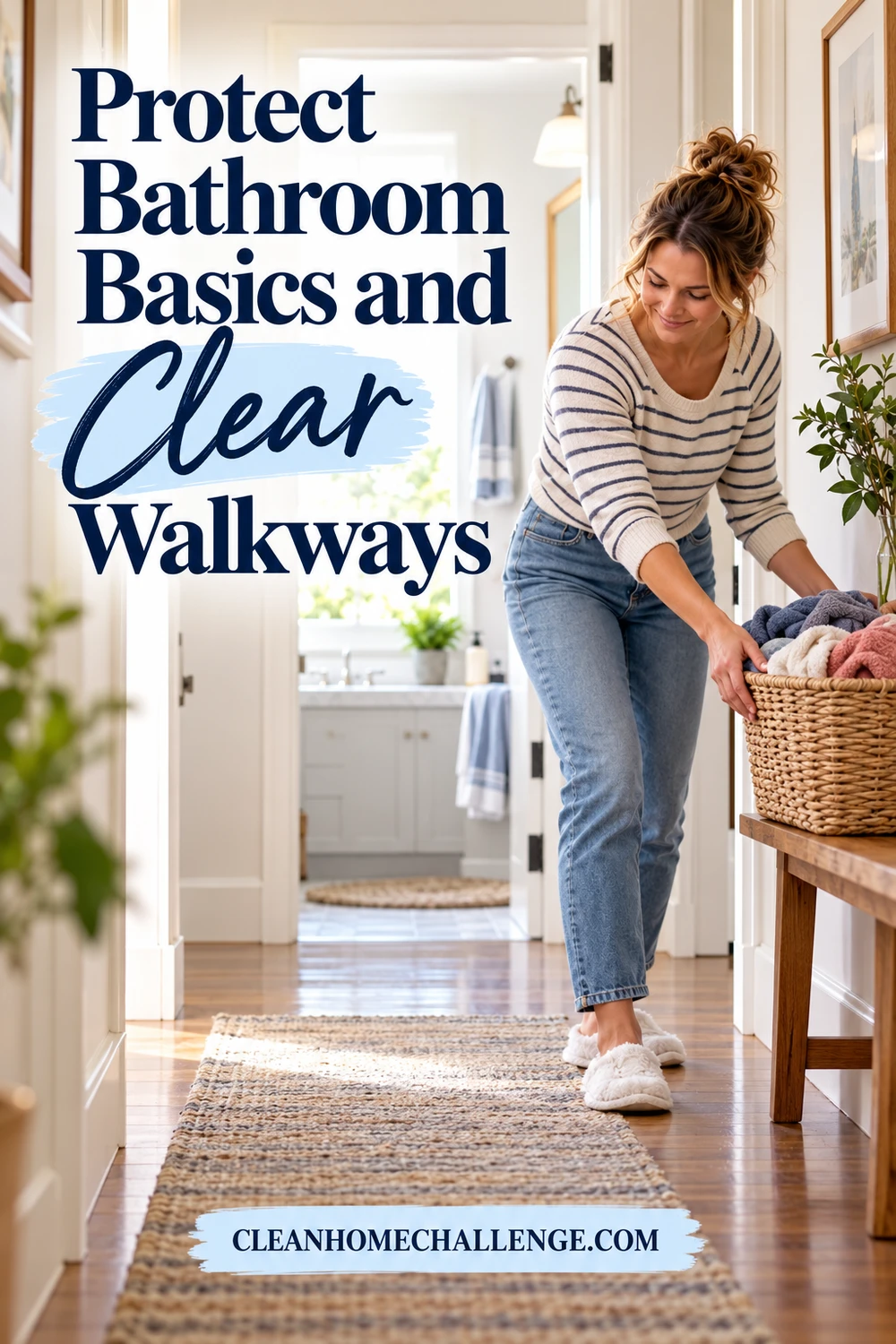 Woman placing a basket of laundry on a hallway bench beside a clear route to the bathroom.
