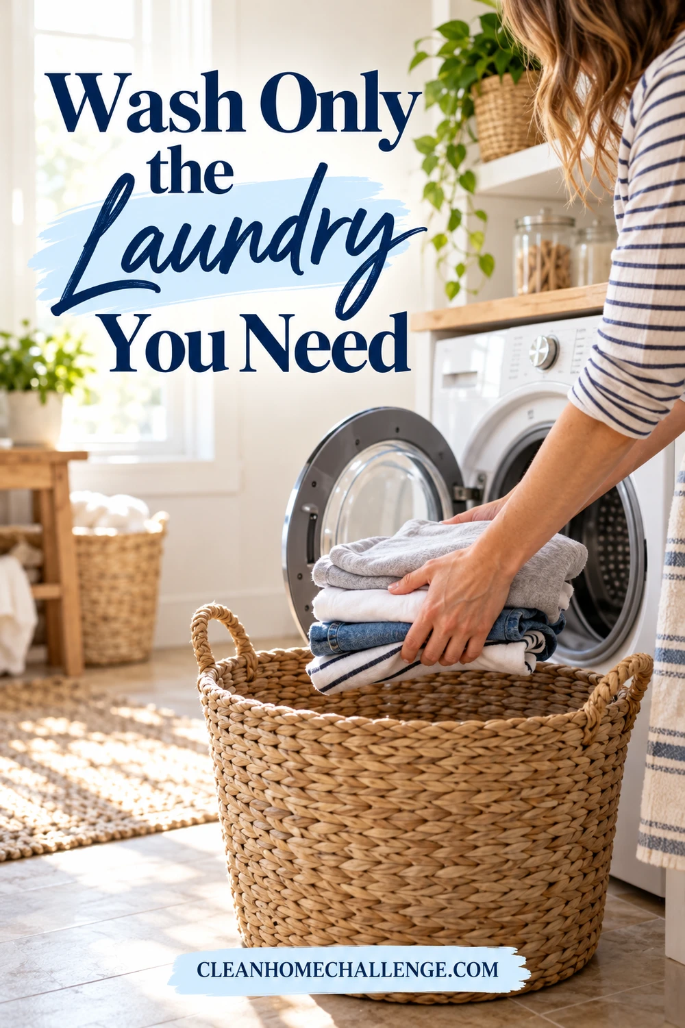 Hands placing a small folded stack of everyday clothes into a laundry basket beside a washing machine.