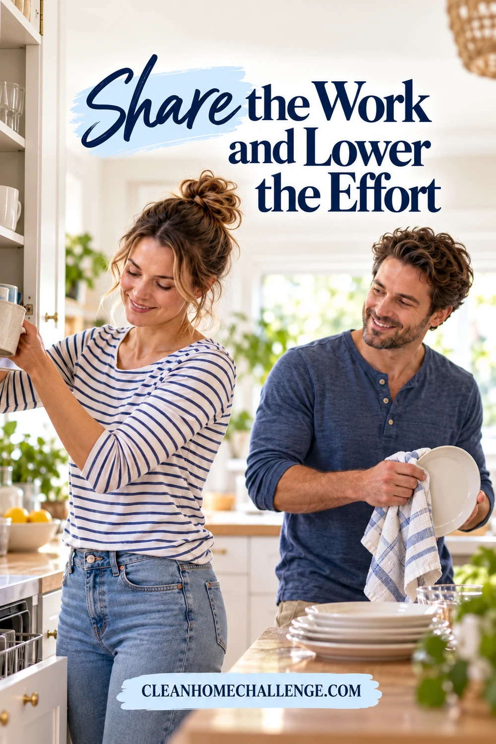 Two adults sharing kitchen work, with a woman putting away a mug while a man dries a plate.