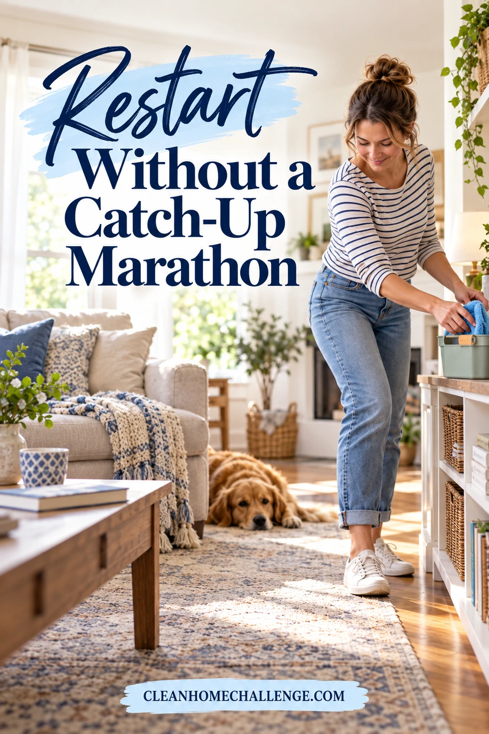 Woman returning a blue cloth to a small caddy beside a living-room sofa while a dog rests nearby.