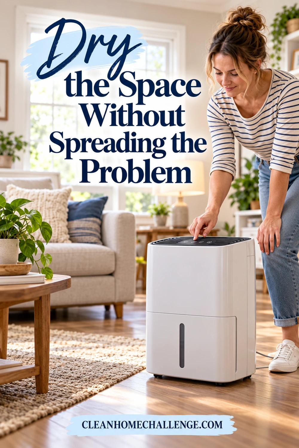 A striped-shirt woman adjusts a dehumidifier standing clear of furniture on a dry living-room floor.