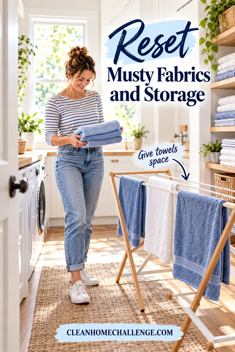 Freshly laundered towels hang separately on a drying rack near an open linen cabinet with spaced folded linens.