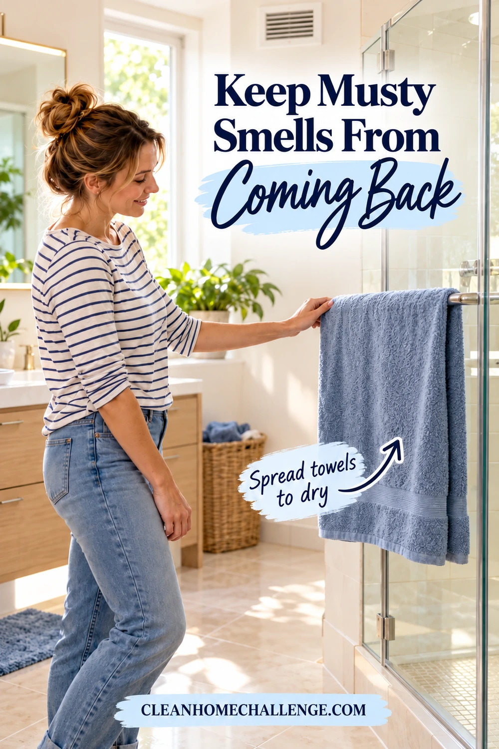 A woman spreads a blue towel across a bathroom rail beside shower glass, with an extractor grille above.