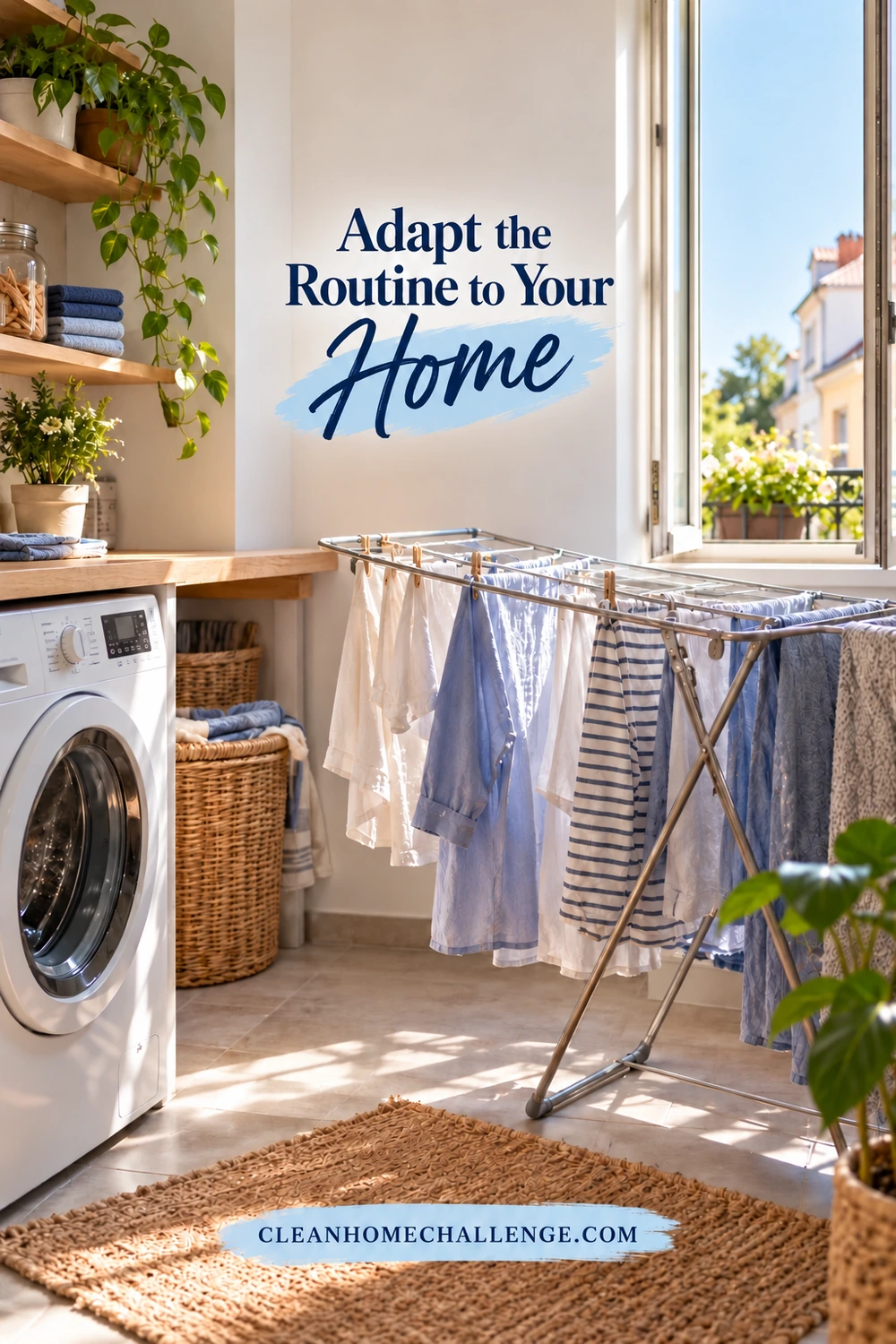 A folding drying rack holds spaced shirts in a small apartment beside a compact washer and a modest laundry basket.
