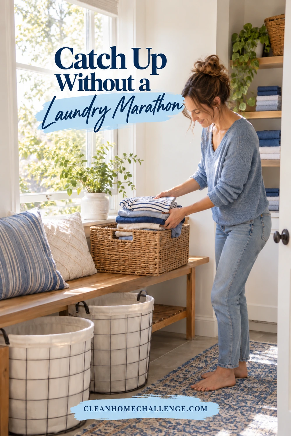 A woman lifts a small folded stack from a clean basket while two contained hampers wait beside a laundry bench.