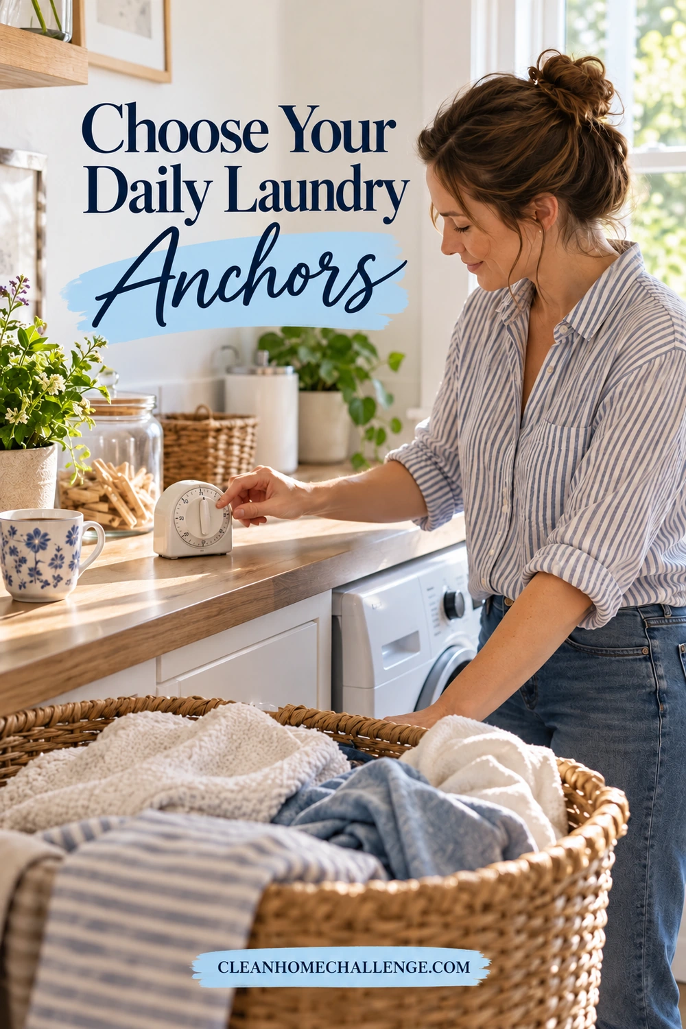 A woman checks a small timer beside a laundry basket and closed washer in a naturally lit utility corner.