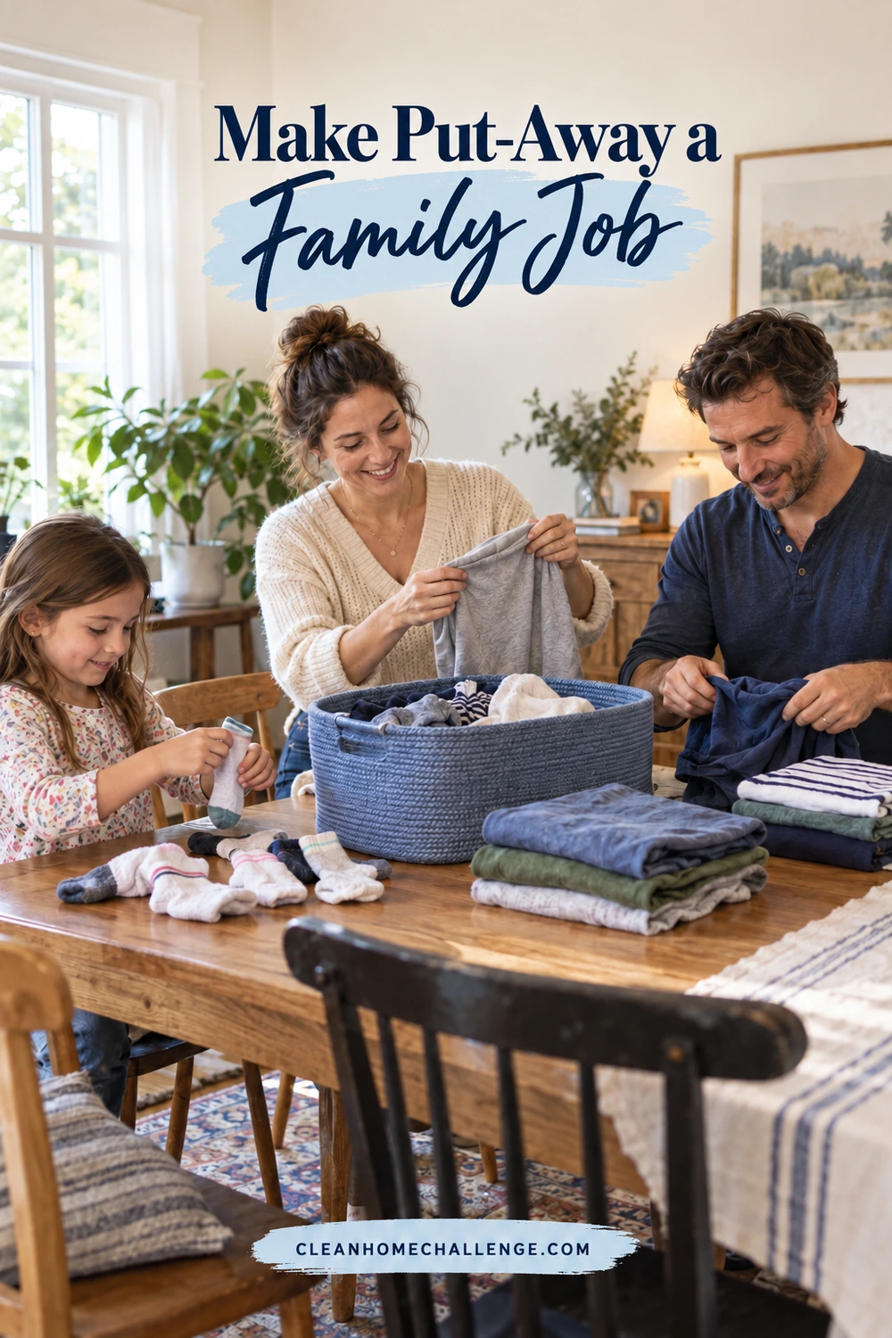 Two adults sort dry clothing into small personal stacks at a dining table while a child matches clean socks beside them.