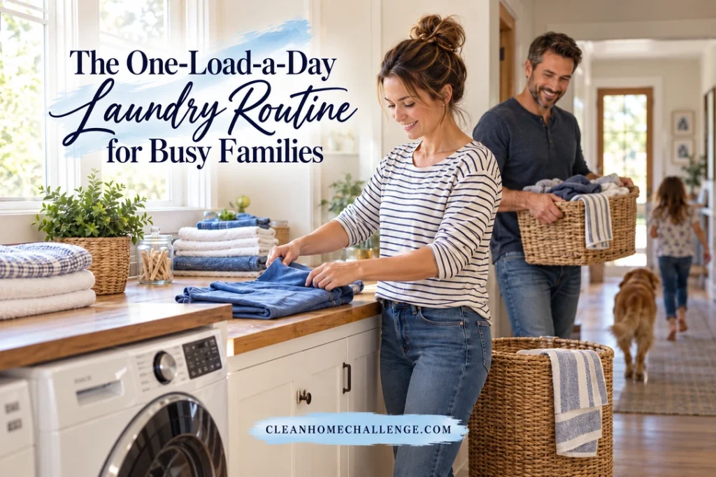 A woman folds dry family clothing at a laundry counter while another adult carries a small clean basket toward a nearby doorway.