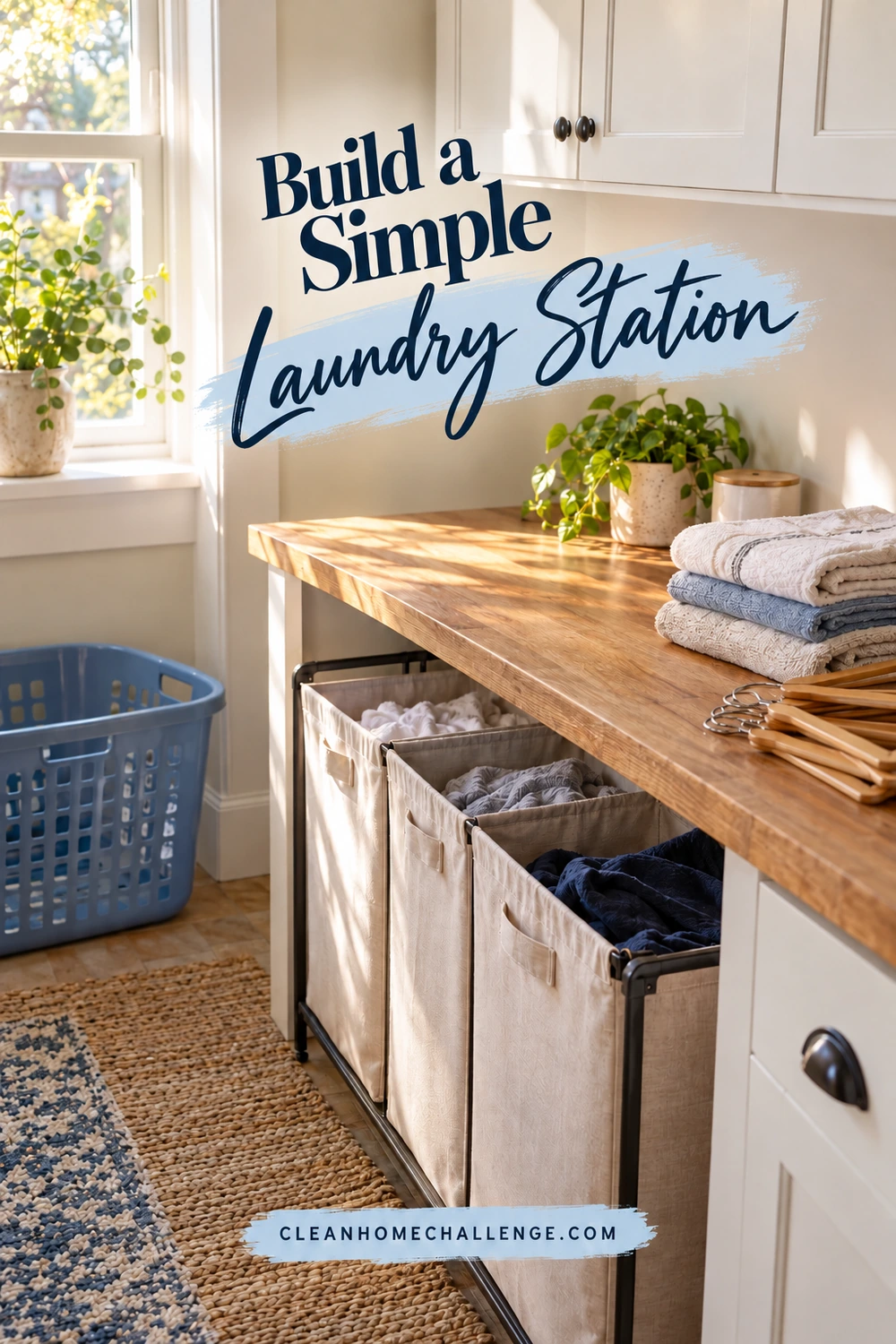 A divided hamper, empty carrying basket, hangers, and a clear folding counter sit beneath a closed upper cabinet in a small laundry area.