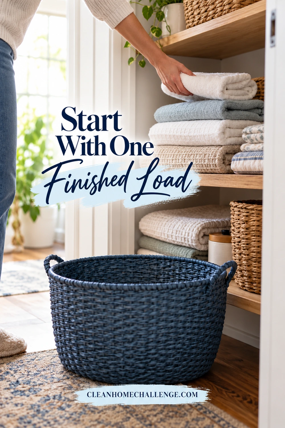 An empty blue laundry basket rests below a neatly organized linen shelf, with one last folded towel being put away.