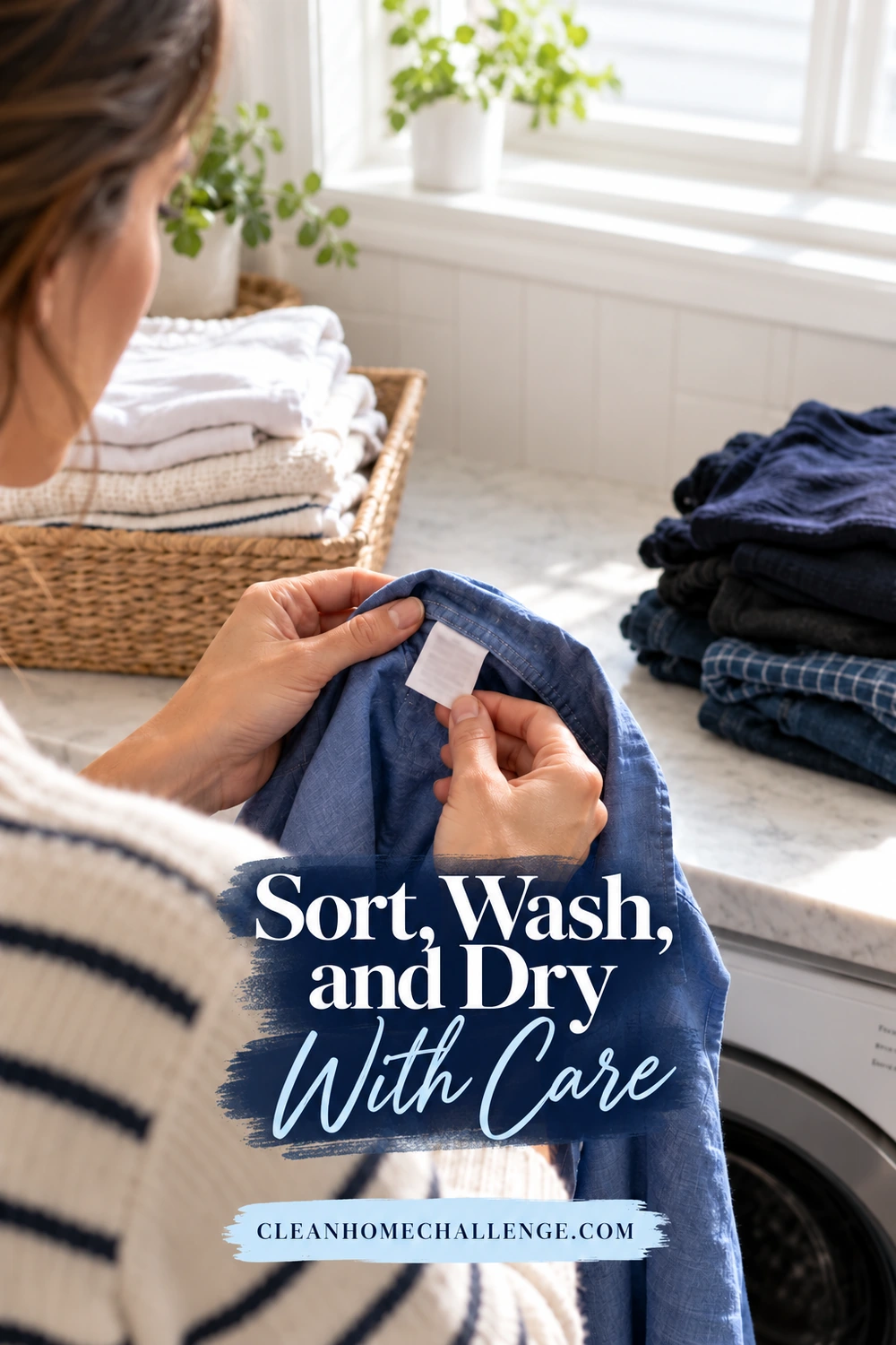 An adult examines the care label inside a shirt above neatly separated clothing on a laundry counter.
