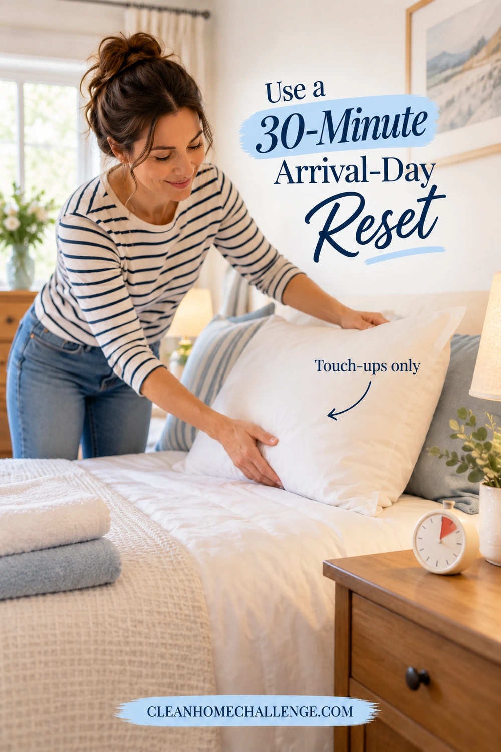 A woman straightens a clean white guest pillow beside folded towels. A small analog timer sits on the nearby bedside table.