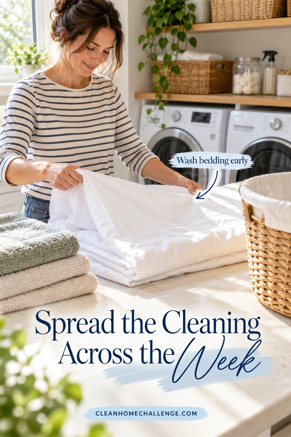 A woman folds a clean white sheet at a laundry counter beside a stack of towels and a lined wicker basket, with laundry machines and shelves behind her.