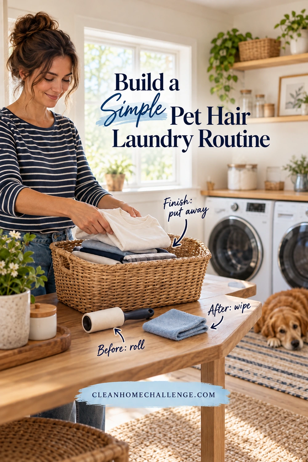 A woman places folded clean clothes in a wicker basket beside a lint roller and a blue cloth while a dog rests behind the laundry table. Navy text reads Build a Simple Pet Hair Laundry Routine, with Before: roll, After: wipe, and Finish: put away arrows and a branded footer.