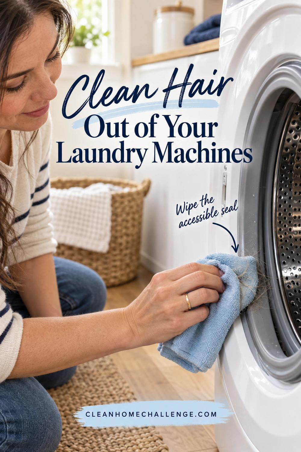 Close-up of a woman wiping visible pale pet hairs from the accessible gray seal of an open front-loading washer with a soft blue cloth. Navy text reads Clean Hair Out of Your Laundry Machines; a Wipe the accessible seal arrow points to the cloth above the branded footer.