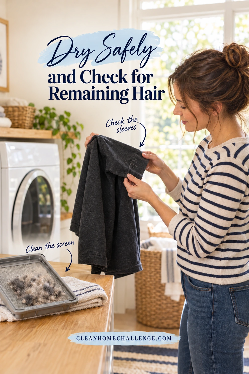 A woman inspects the cuff of a dry charcoal shirt by a window. A lint-filled dryer screen rests on a towel in the foreground. The exact section heading appears in navy, with Check the sleeves and Clean the screen arrows and the Clean Home Challenge footer.