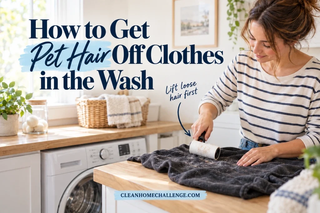 A woman in a striped shirt rolls pale pet hair off a charcoal sweatshirt on a wooden laundry counter beside a front-loading washer. Navy serif and script lettering reads the article title, with an arrow pointing to the lint roller and a Clean Home Challenge footer.