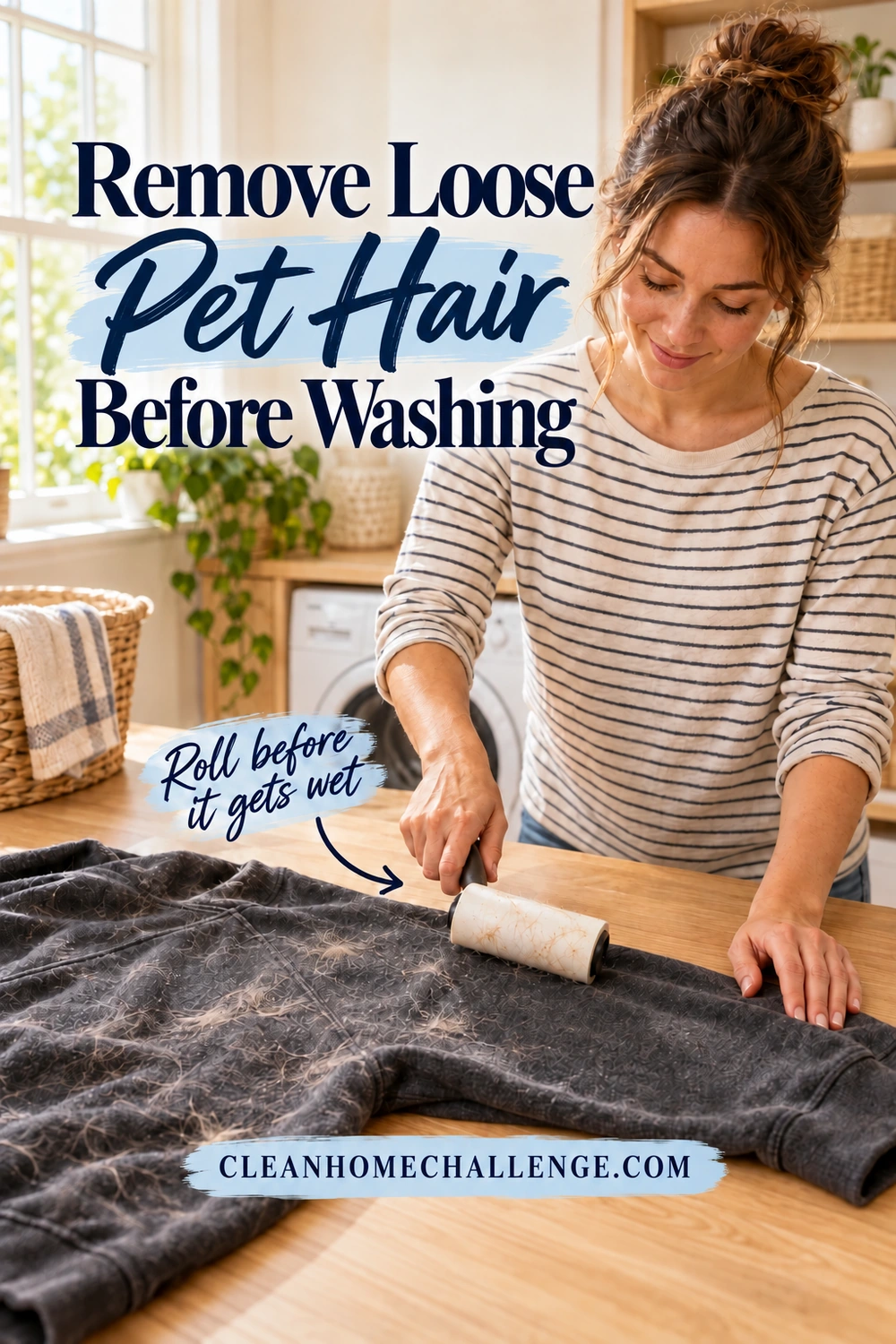 A woman holds a charcoal sweatshirt flat on a wooden counter while lifting visible pale fur with a lint roller. Oversized navy text reads Remove Loose Pet Hair Before Washing above a Roll before it gets wet callout and a Clean Home Challenge footer.