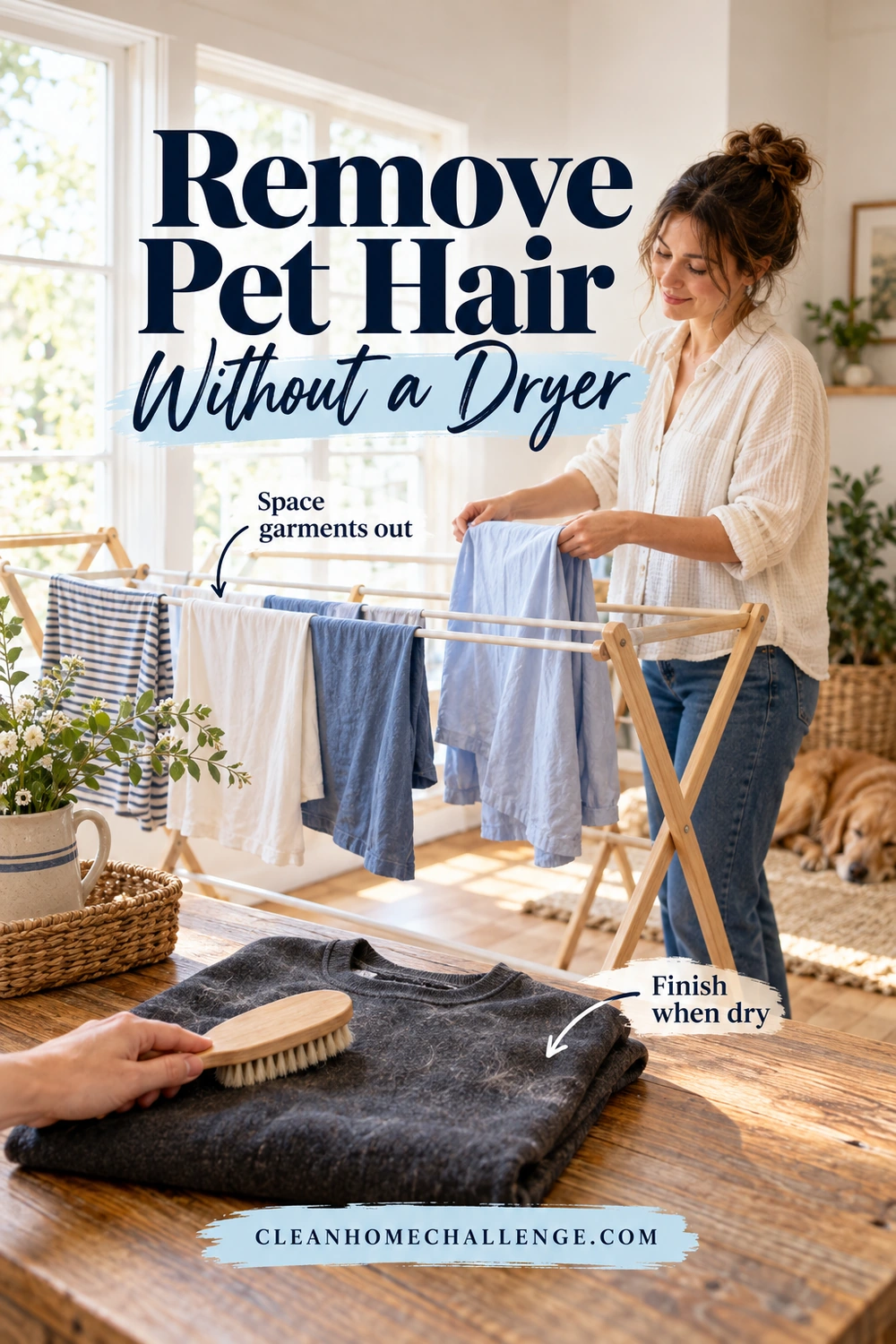 In one sunlit room, a woman spaces blue clothing on a wooden drying rack while a foreground hand brushes pale hairs from a dry charcoal sweatshirt. Navy text reads Remove Pet Hair Without a Dryer, with Space garments out and Finish when dry callouts and a branded footer.