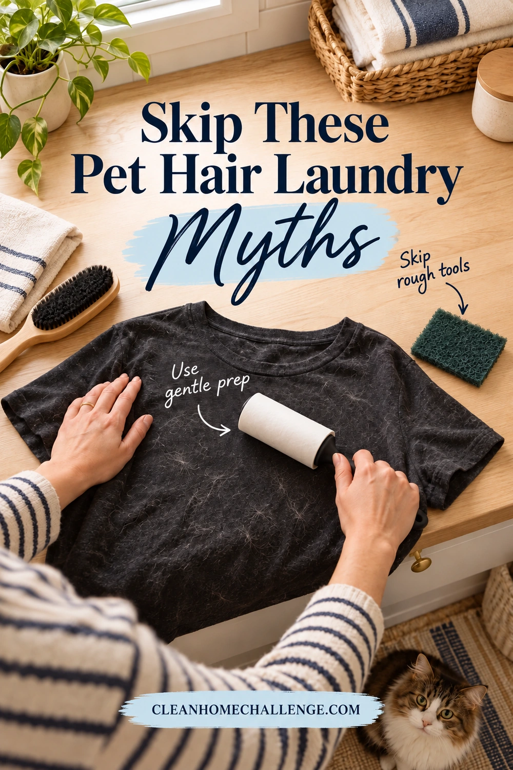 Overhead view of hands rolling fur off a dark T-shirt on an oak counter while a green abrasive pad sits unused nearby and a cat looks up below. Navy text reads Skip These Pet Hair Laundry Myths, with Use gentle prep and Skip rough tools arrows and a branded footer.