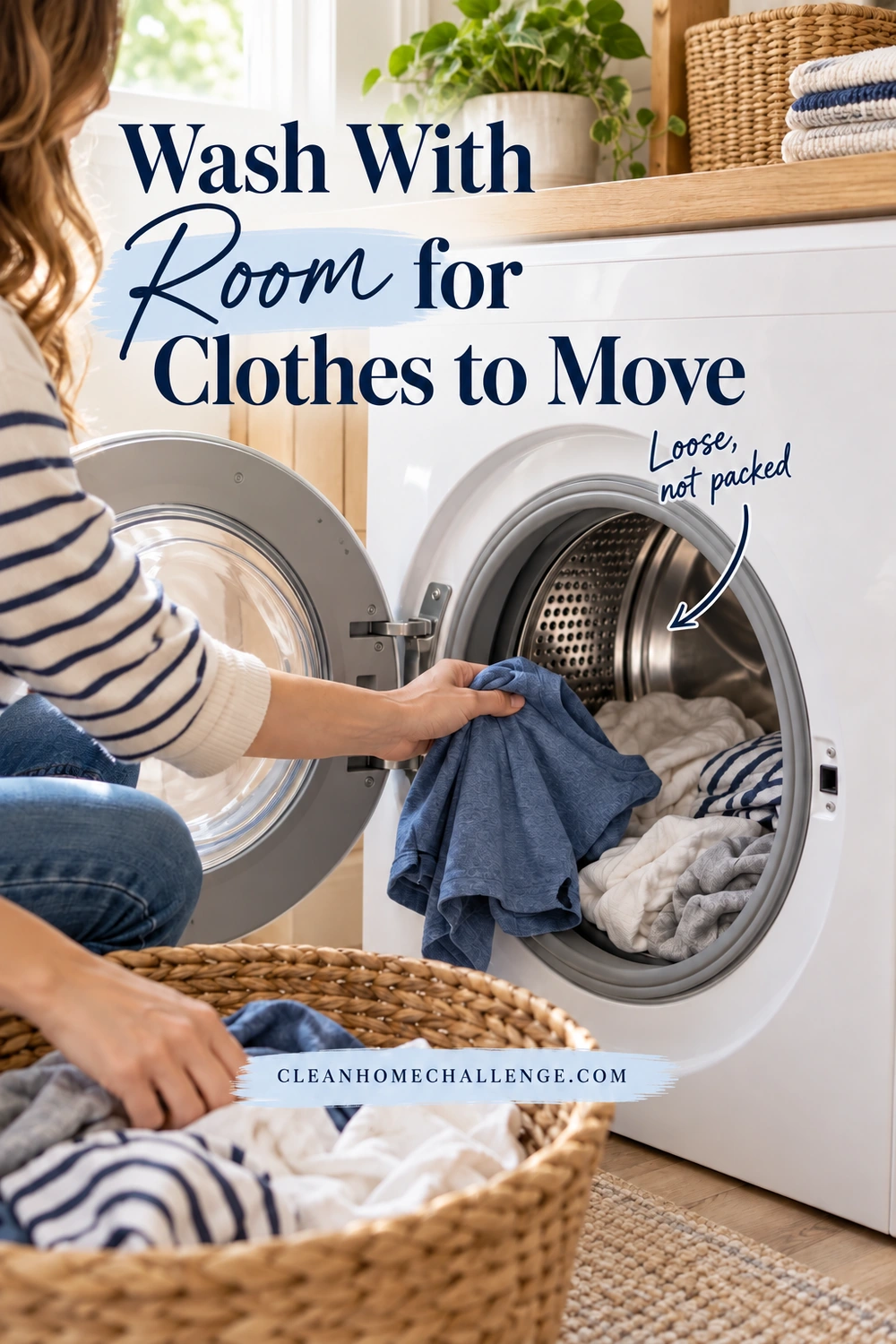 A striped-sleeve woman puts a blue shirt into a front-loading washer with visible empty drum space above loosely arranged clothes. Navy lettering reads Wash With Room for Clothes to Move, and a Loose, not packed arrow points inside the drum above the branded footer.