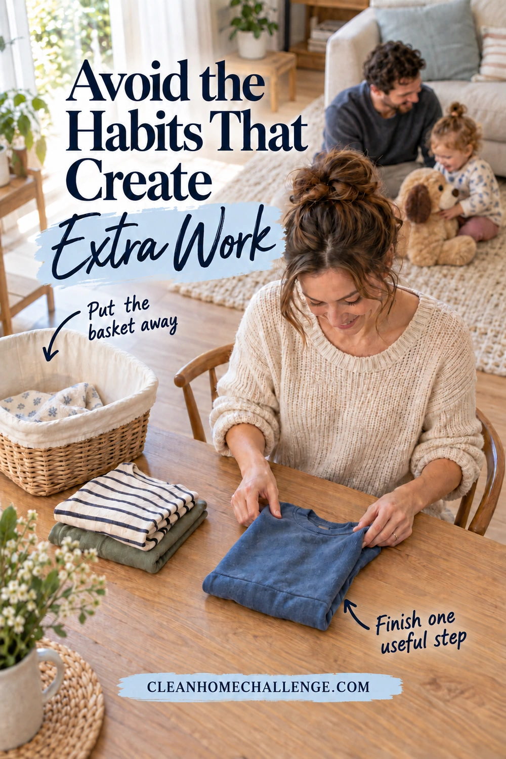 A mom folds a navy sweatshirt beside a small stack of clothes and a nearly empty basket while another adult supervises a toddler behind her. Text reads Avoid the Habits That Create Extra Work, with arrows to the basket and folded sweatshirt and the site footer.