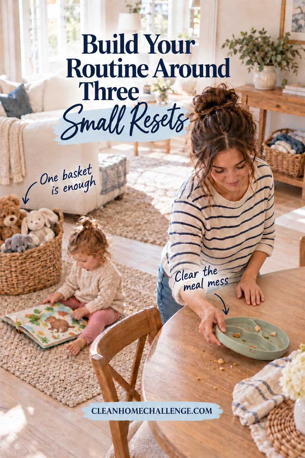 A mom clears a toddler plate and crumbs from a table while her child looks at a picture book on the nearby rug. A plush-toy basket and laundry basket sit behind them. Text reads Build Your Routine Around Three Small Resets, with meal-mess and toy-basket arrows and the site footer.