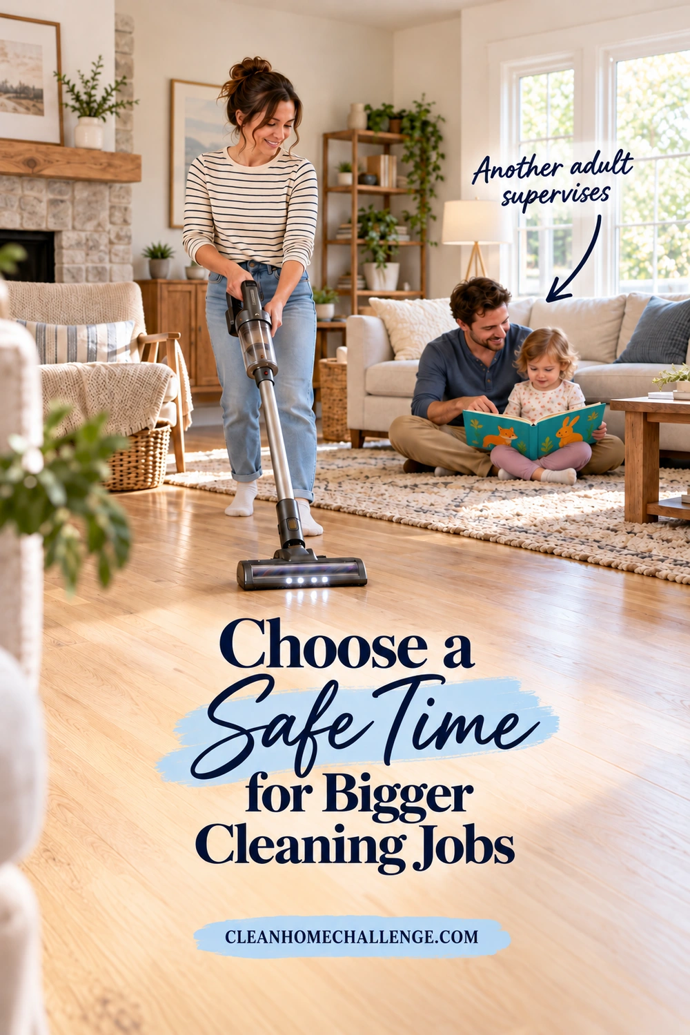 A mom vacuums a dry living-room floor while a second adult sits with their toddler reading a picture book nearby. Navy text reads Choose a Safe Time for Bigger Cleaning Jobs. An Another adult supervises arrow points toward the seated adult, with the site footer below.
