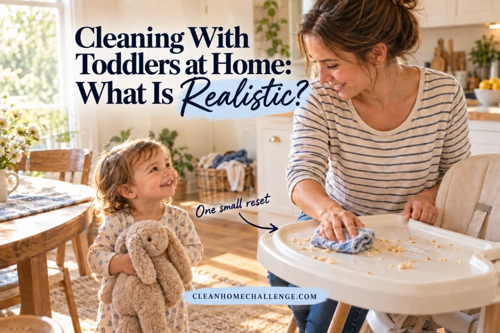 A mom wipes food from an empty high-chair tray while her toddler stands beside her holding a plush rabbit. Navy text reads Cleaning With Toddlers at Home: What Is Realistic? A handwritten One small reset arrow points to the tray, with the Clean Home Challenge footer below.