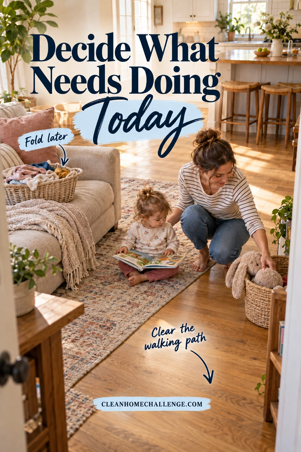 A mom crouches beside her toddler and puts a plush rabbit into a floor basket, leaving a clear path beside the rug. Laundry waits on the sofa. The headline reads Decide What Needs Doing Today, with Fold later and Clear the walking path callouts and a Clean Home Challenge footer.