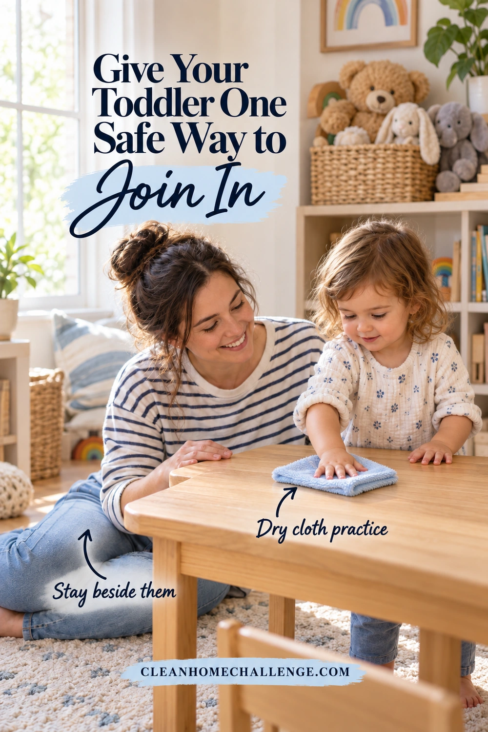 A toddler presses a blue cloth onto a clean low wooden table while her mom sits beside her. Navy text reads Give Your Toddler One Safe Way to Join In. Dry cloth practice and Stay beside them arrows point to the cloth and mom, above the Clean Home Challenge footer.