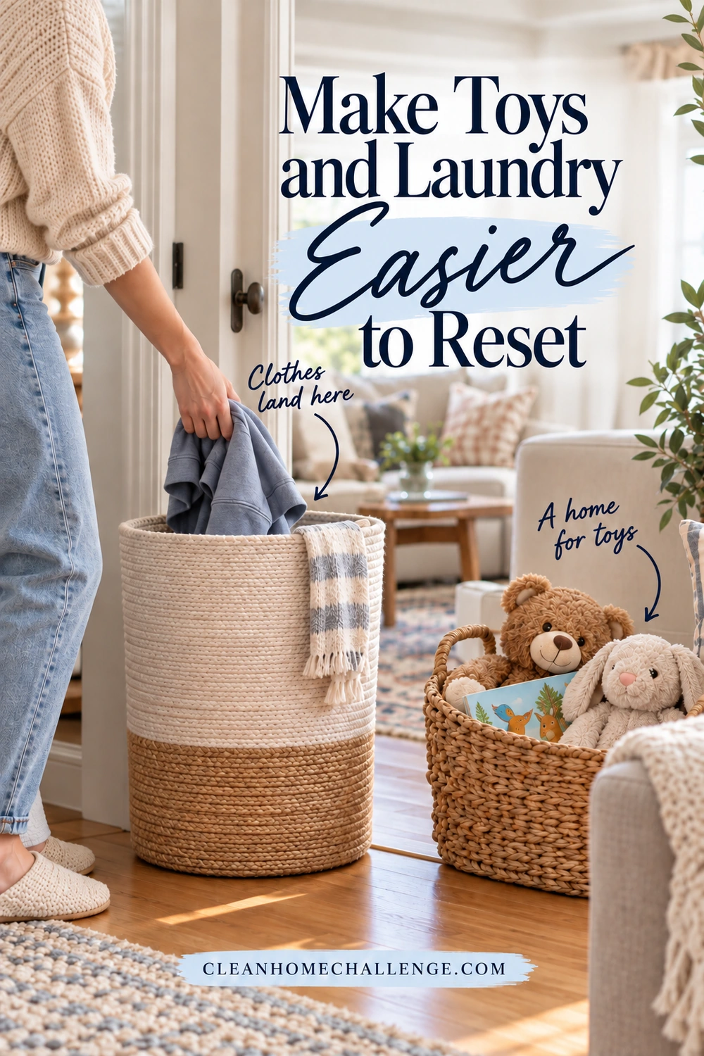 An adult puts a blue sweatshirt into a tall laundry hamper beside a low basket of plush toys and an illustrated book. Text reads Make Toys and Laundry Easier to Reset. Clothes land here and A home for toys arrows identify each basket above the site footer.