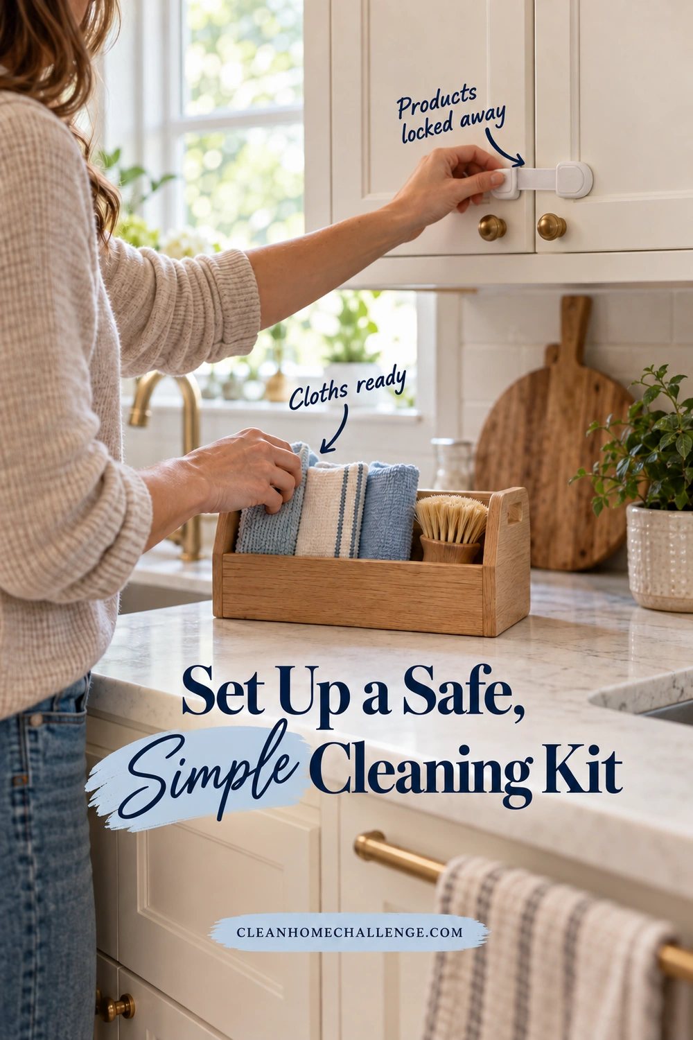 An adult arranges folded cloths in a wooden caddy while securing a child-safety latch on a high kitchen cupboard. Navy text reads Set Up a Safe, Simple Cleaning Kit, with Products locked away and Cloths ready arrows and a Clean Home Challenge footer.