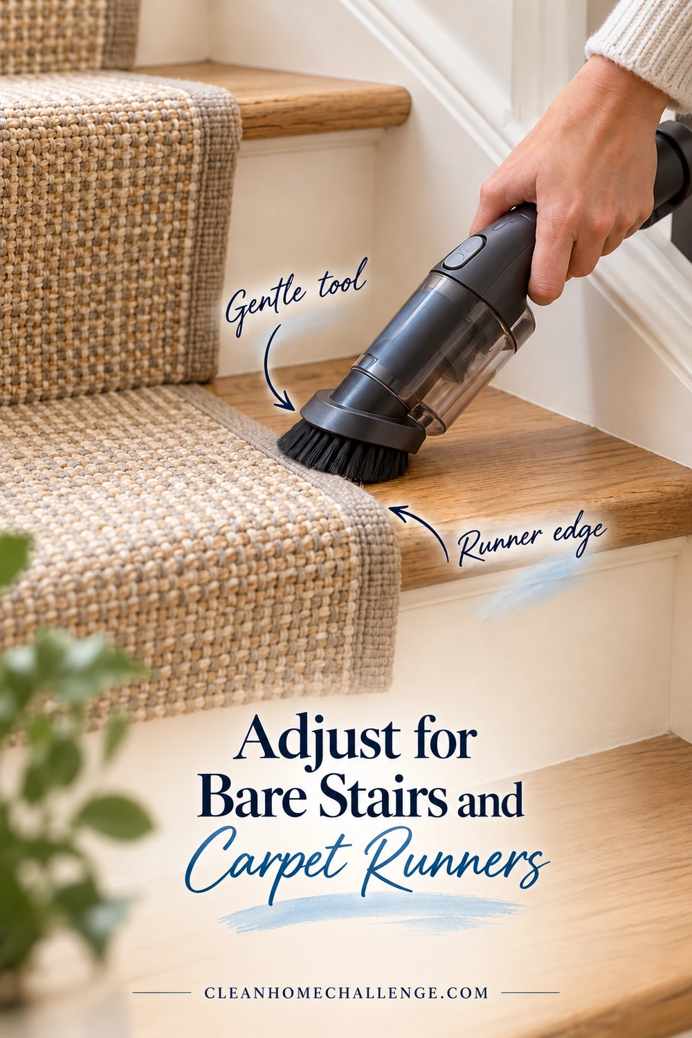 A soft brush attachment touches an exposed wooden stair tread beside a securely fitted neutral carpet runner.