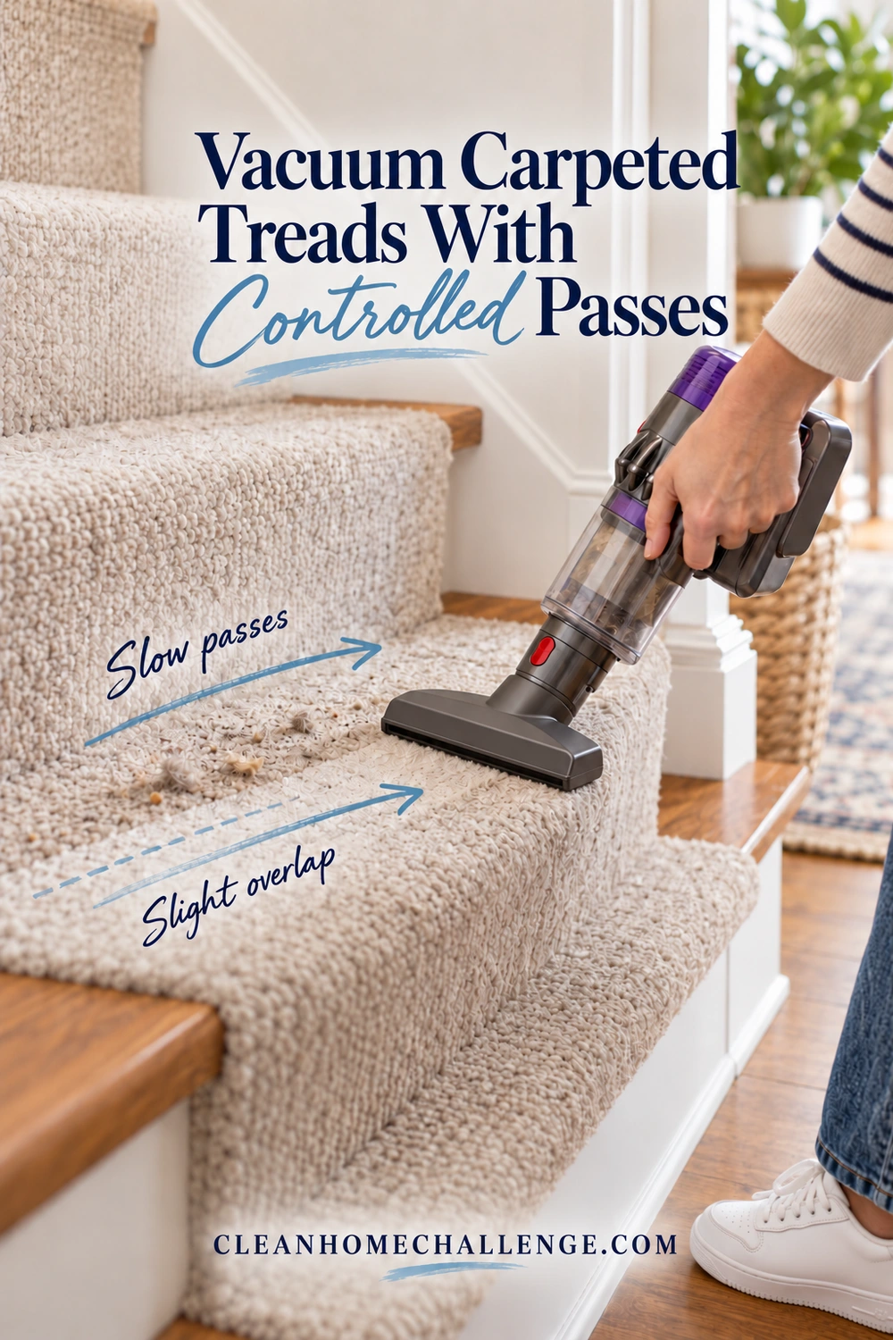 A hand in a striped sleeve guides a compact suction-only vacuum head across a carpeted stair tread, with callouts for slow passes and slight overlap.