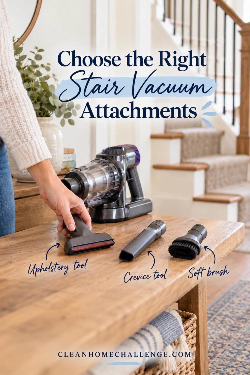 A compact handheld vacuum and three small attachments are arranged on a hallway bench beside carpeted stairs, with a hand selecting the upholstery tool.