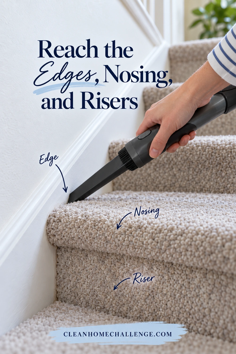 A hand guides a narrow crevice attachment along the side of a carpeted stair, with arrows labeling the edge, rounded nosing, and vertical riser.