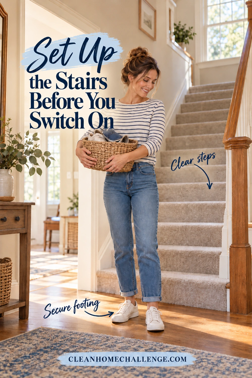 A woman stands with both feet on the level hallway floor, holding a basket of shoes beside clear carpeted stairs. Arrows identify the clear steps and her secure footing.