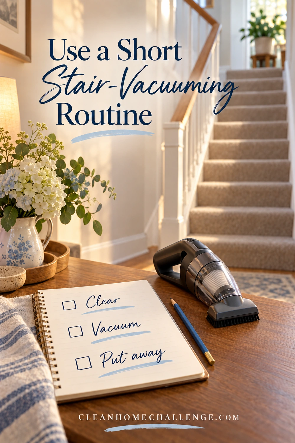 A notebook and compact handheld vacuum rest on a hallway table beside carpeted stairs. The three-step callouts read Clear, Vacuum, and Put away.