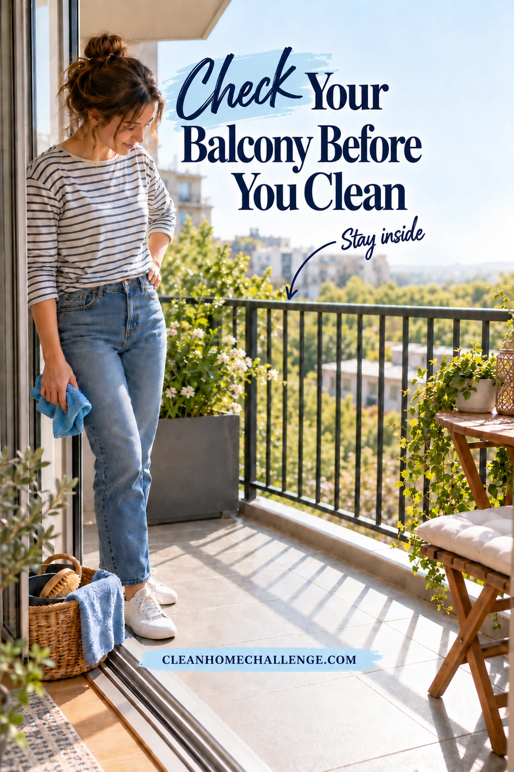 A woman stands inside a balcony doorway looking down at the floor, holding a blue cloth beside a basket of cleaning tools.