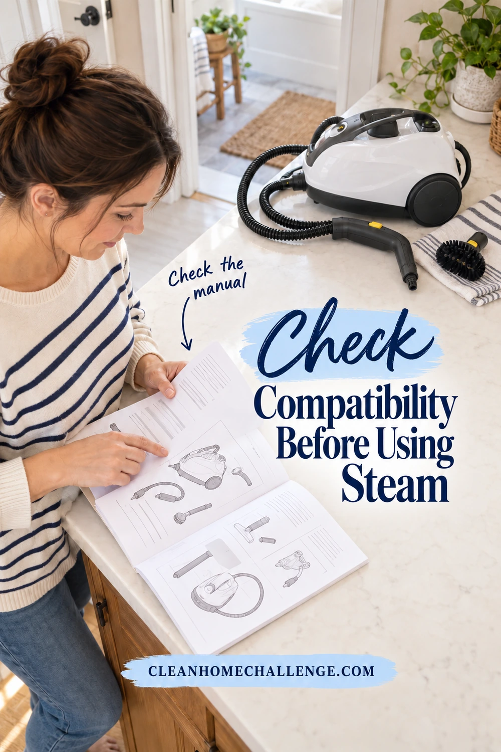 Adult reads an illustrated instruction booklet beside a canister steam cleaner and detached round brush on a dry counter.