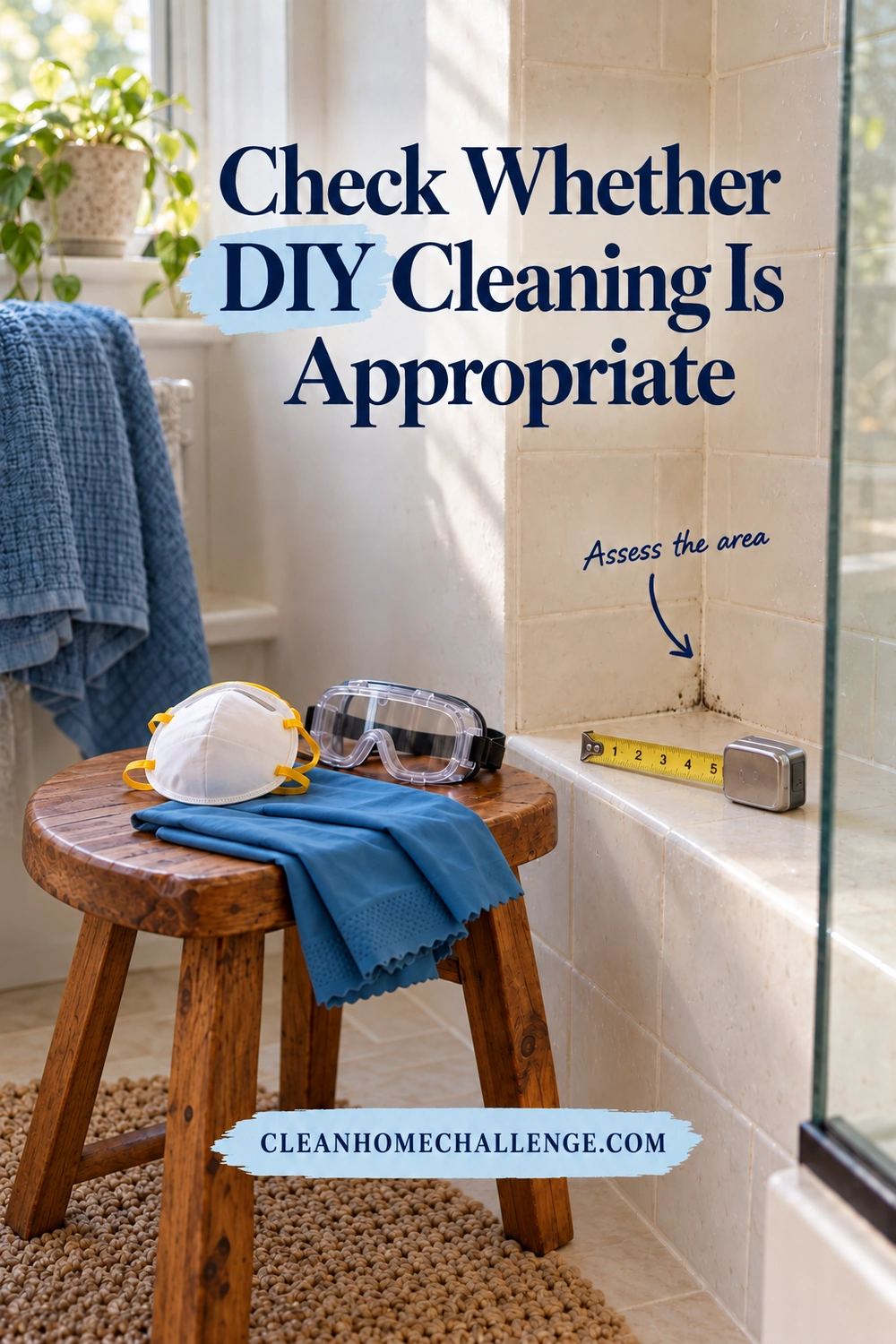 A small dark patch at a tiled shower grout corner is highlighted by an assessment arrow, with a measuring tape resting below it and a respirator, goggles and long blue gloves arranged on a nearby wooden stool.