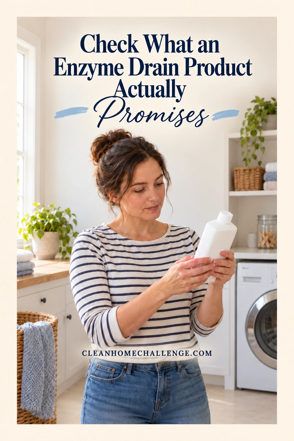 Woman holding and reading a closed white bottle in a modest laundry room.