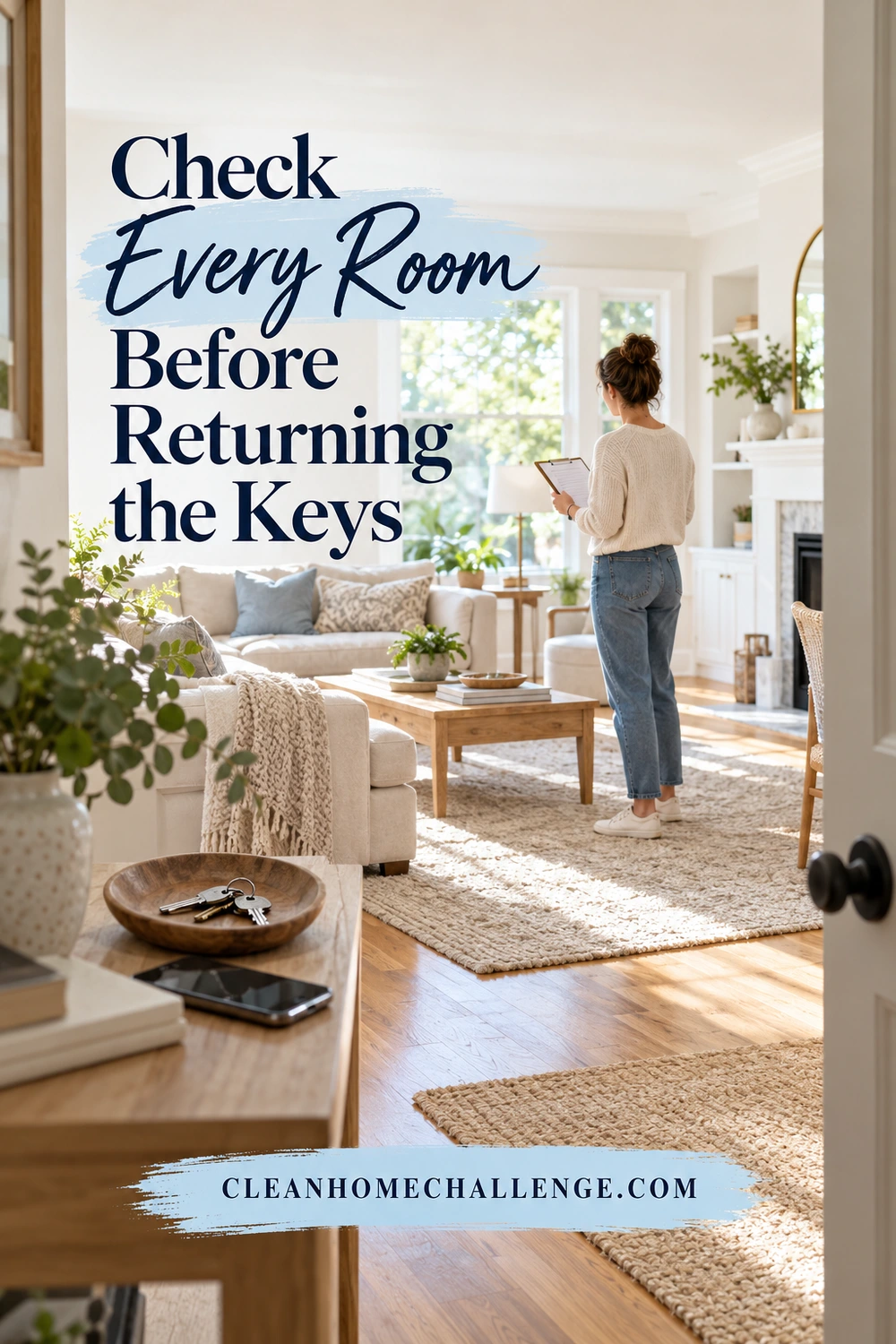 A woman holds a clipboard during a final walkthrough of a furnished living room, with house keys and a phone on the table in the foreground.