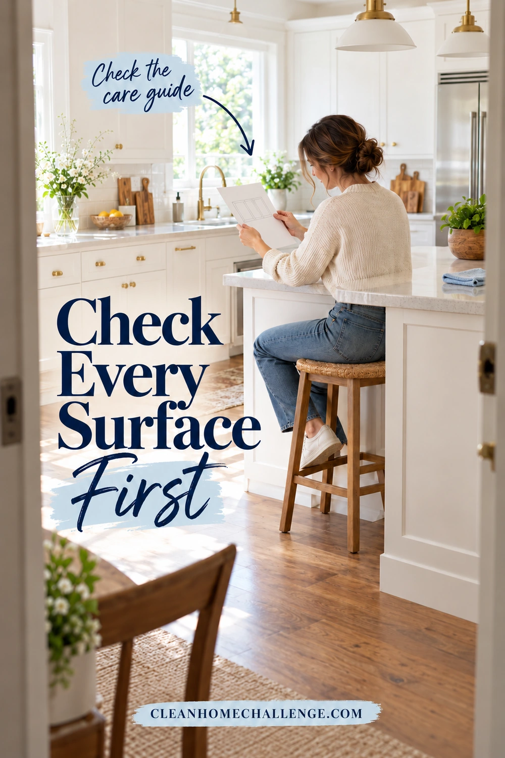 Woman seated on a kitchen stool studies an illustrated surface care guide while a folded blue cloth rests on the counter.