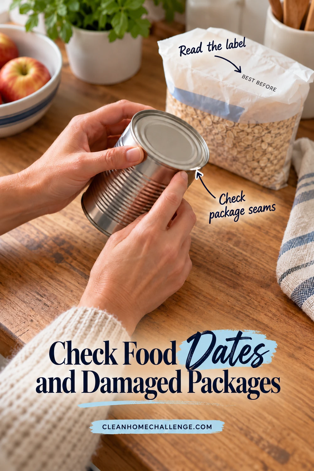 Adult hands inspect the seam of an intact food can on a counter beside an oat package marked BEST BEFORE.