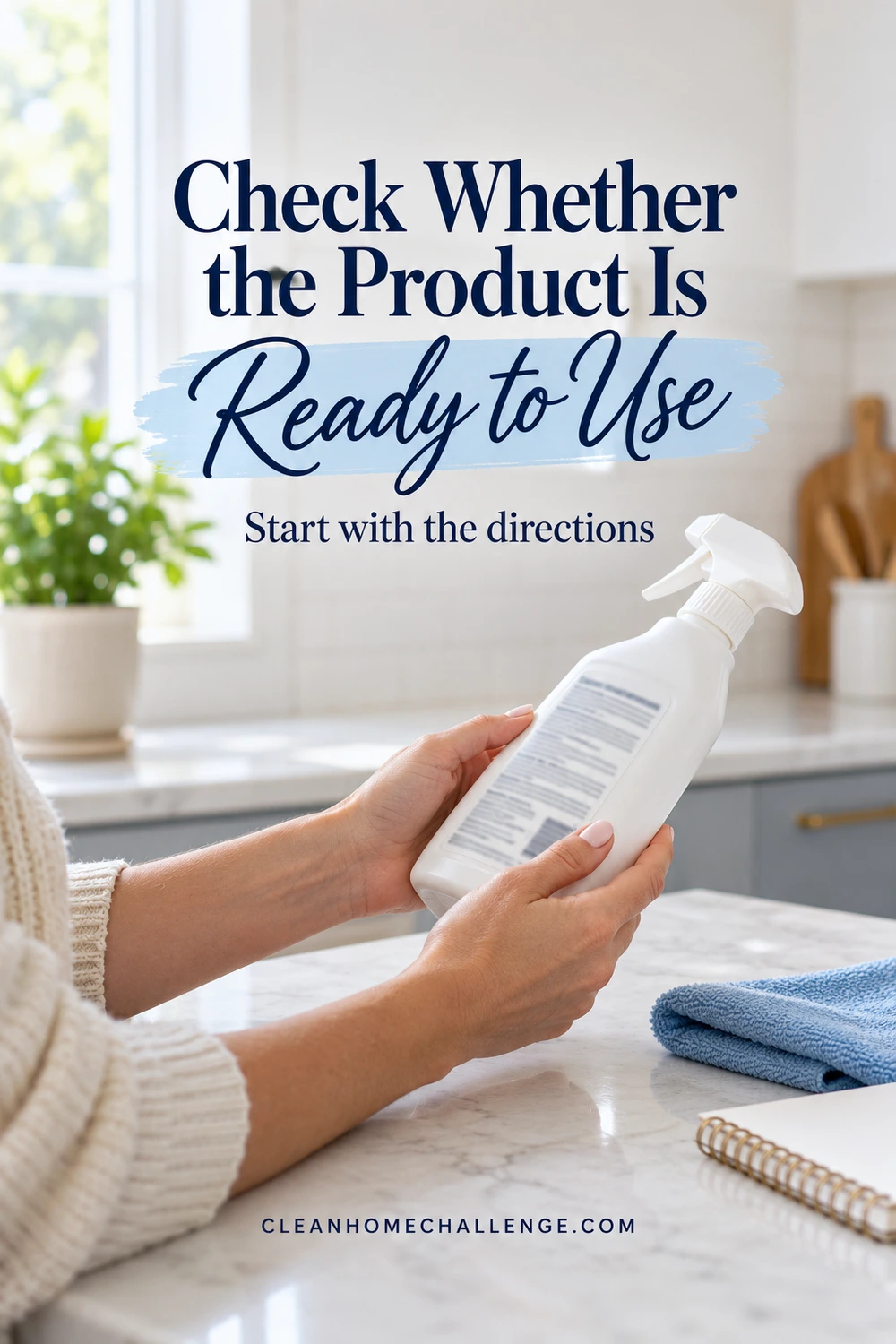 Hands holding a closed white spray bottle with its back label facing the reader on a bright counter.