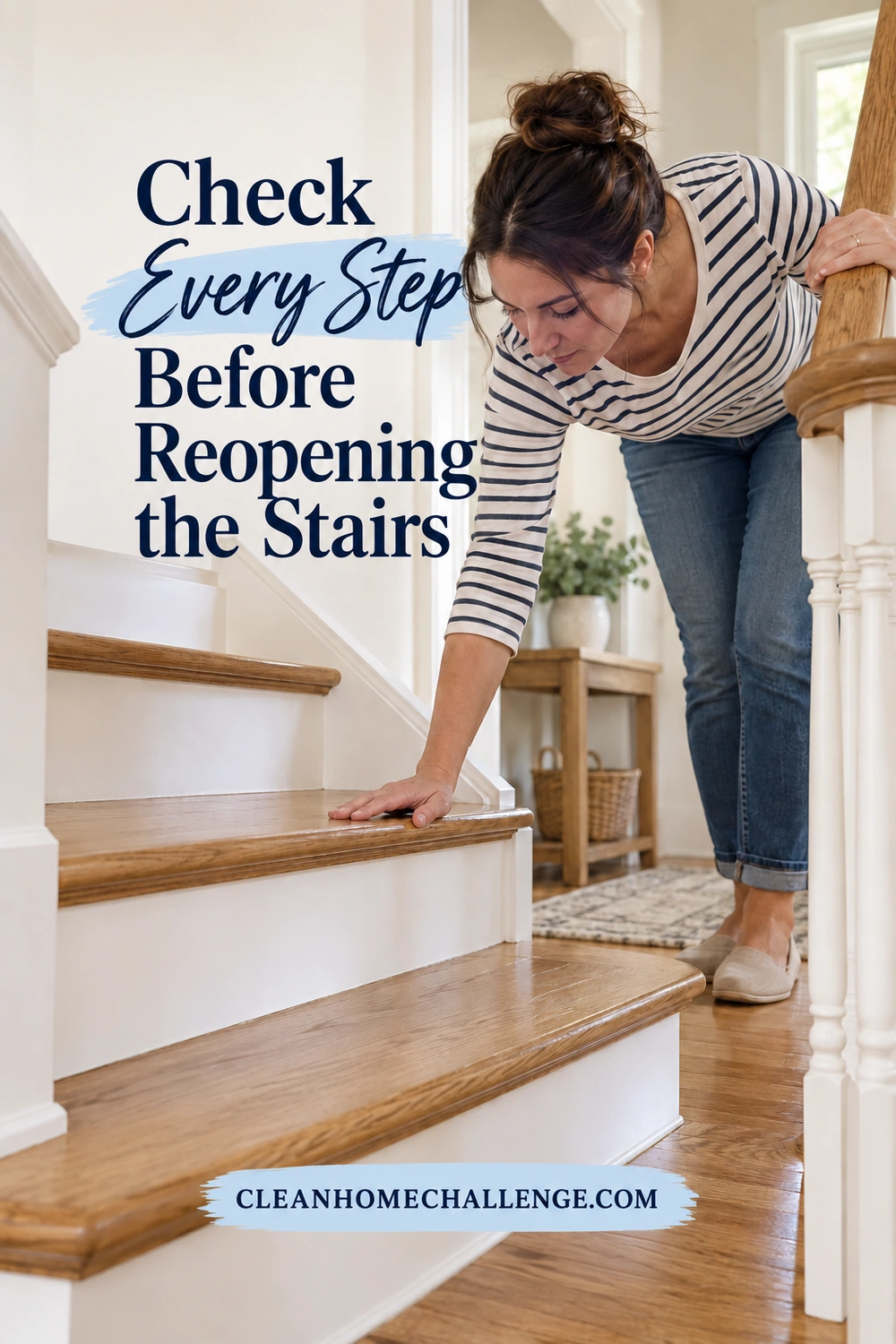A woman stands beside the stairs, touching a lower oak tread with one hand while holding the handrail with the other.